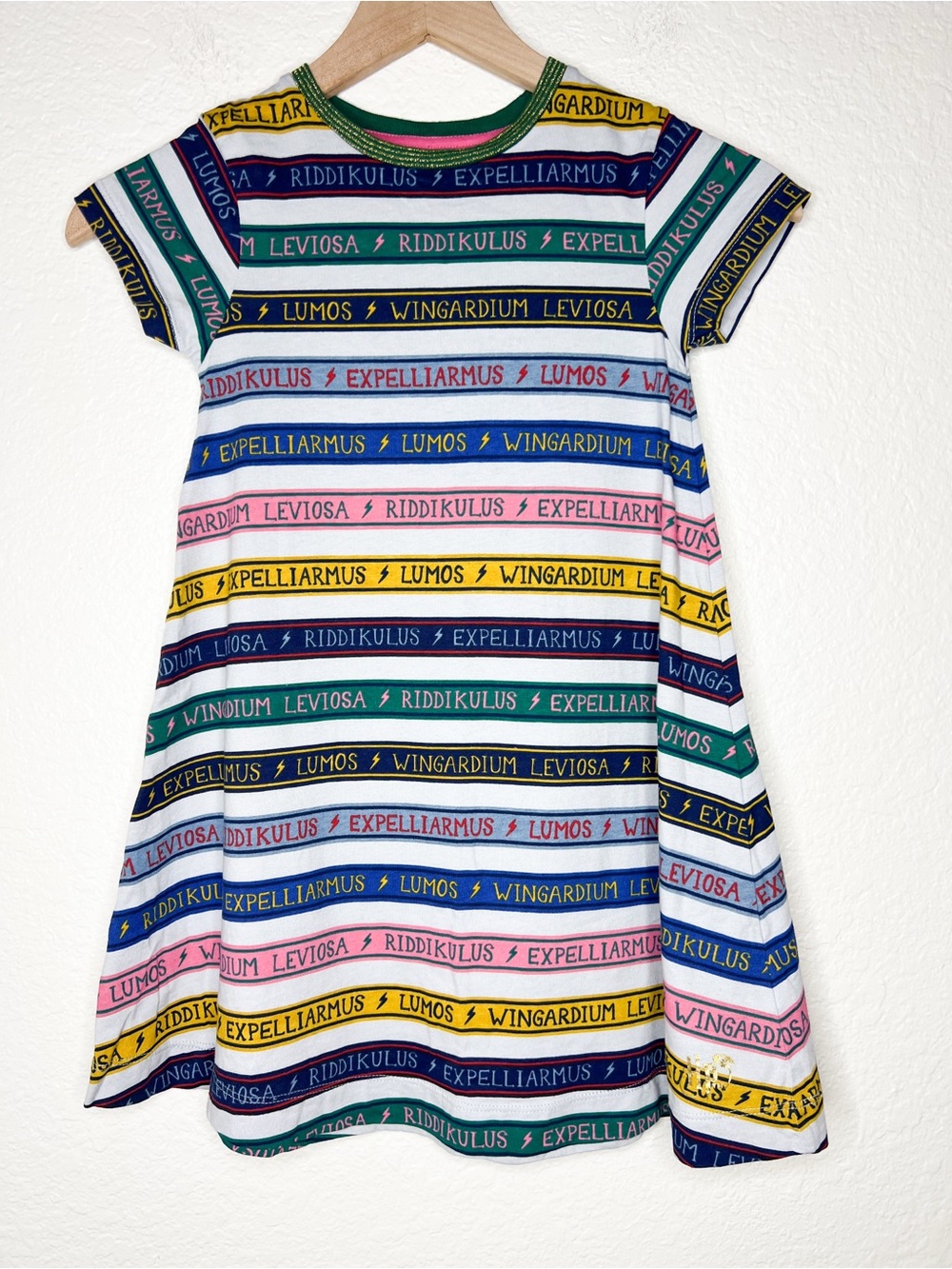 Mini Boden Harry Potter Charms Class Spells Striped TShirt Dress Girls size 6-7y